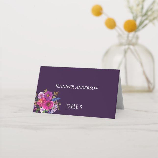 Minimalist Purple Flower Wedding Place Cards (Front)