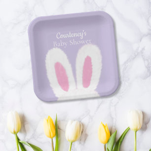 Minimalist Purple fluffy bunny baby shower Paper Plate