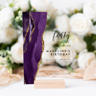 Minimalist Purple Gold Agate Geode 40th Birthday Acrylic Invitations