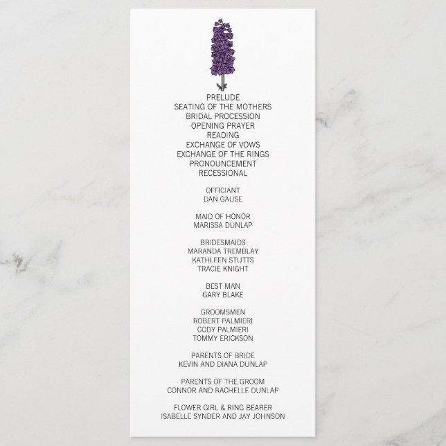 Minimalist Purple Larkspur Wedding Program (Front)