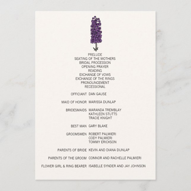 Minimalist Purple Larkspur Wedding Program (Front)