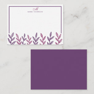 Minimalist Purple Leaves Script Monogram Note Card