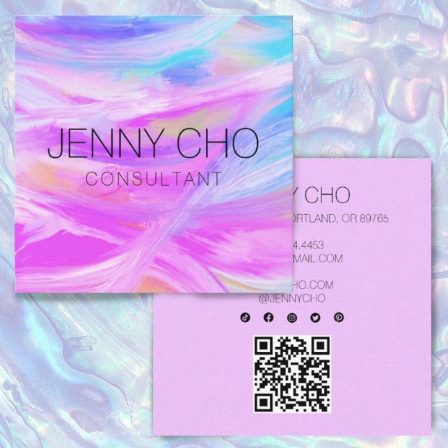 Minimalist Purple Painting QR Code Social Icons Square Business Card (Creator Uploaded)