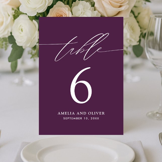 Minimalist Purple Script Table Number Card (Creator Uploaded)