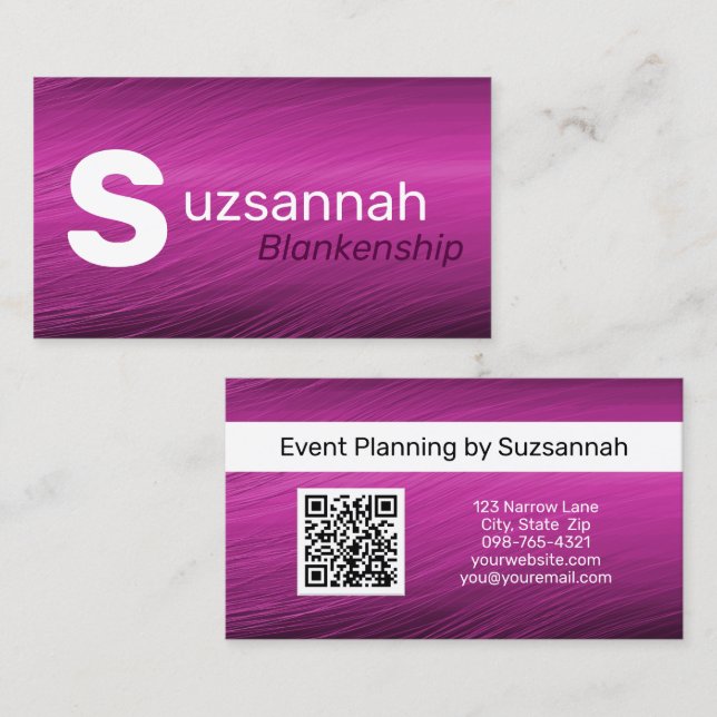 Minimalist Purple Streaks Large Text QR Code Business Card (Front/Back)