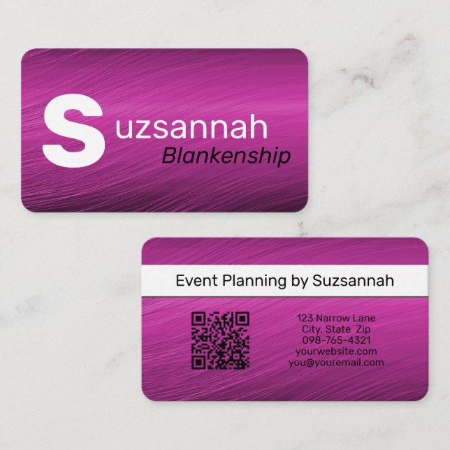 Minimalist Purple Streaks Large Text QR Code Business Card (Front/Back)