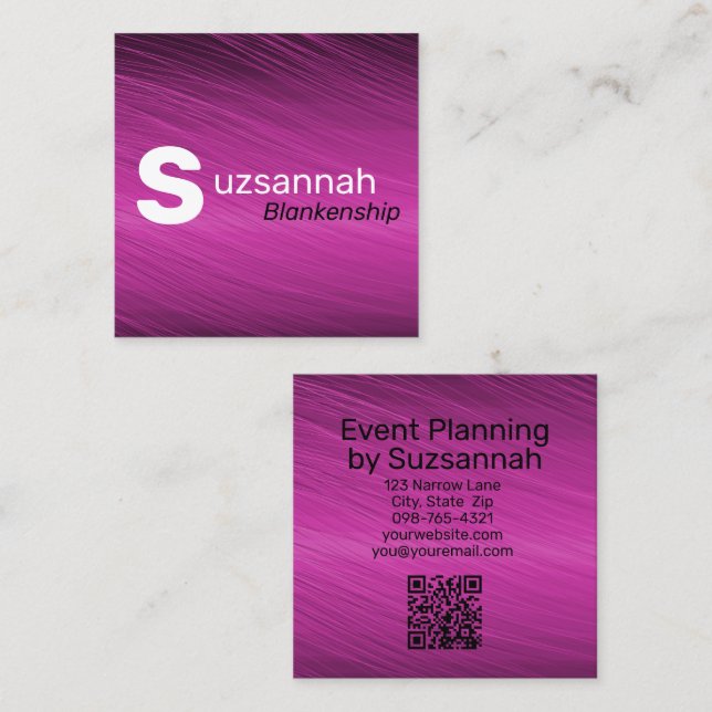 Minimalist Purple Streaks Large Text QR Code Square Business Card (Front/Back)