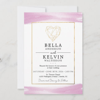 Minimalist Purple Watercolor Gold Heart Invitation