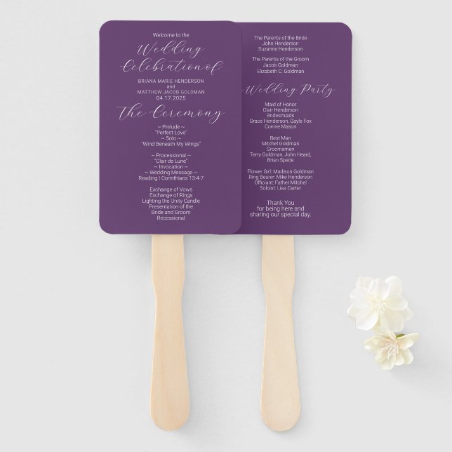 Minimalist Purple Wedding Program Hand Fan (Front and Back)