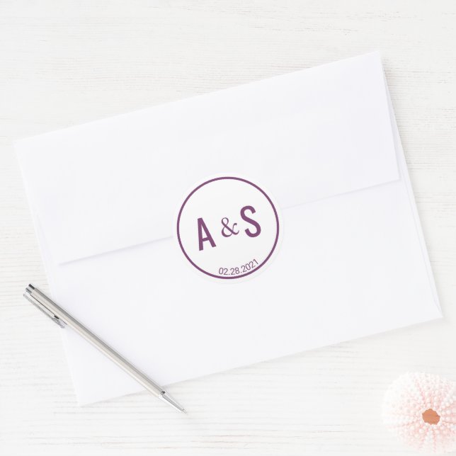 Minimalist Purple White Initials Date Wedding Classic Round Sticker (Envelope)