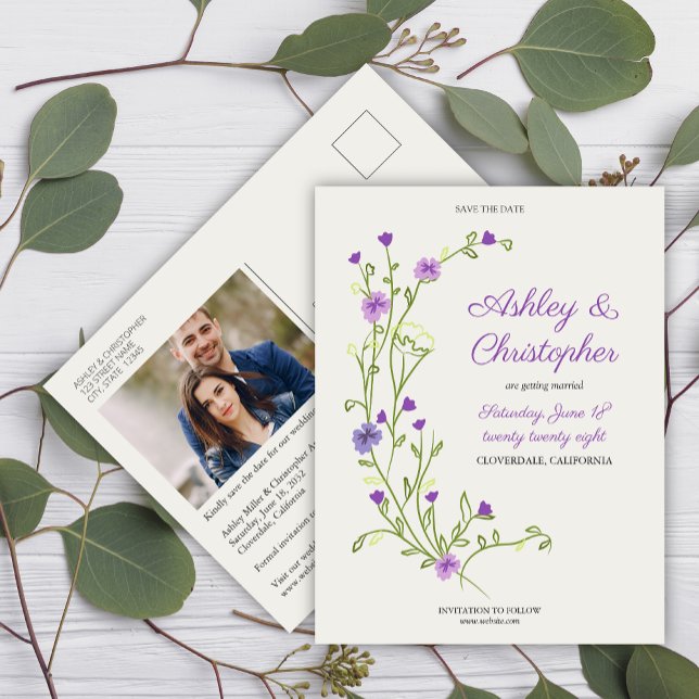Minimalist Purple Wildflower Wedding Save the Date Postcard (Creator Uploaded)
