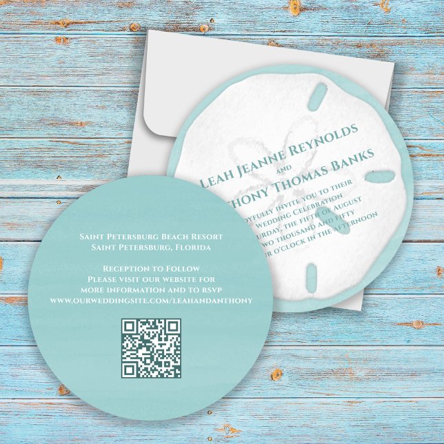 Minimalist QR Code Beach Tropical Sand Dollar  Invitation (Wedding invitation with turquoise watercolor and sand dollar beach theme. )