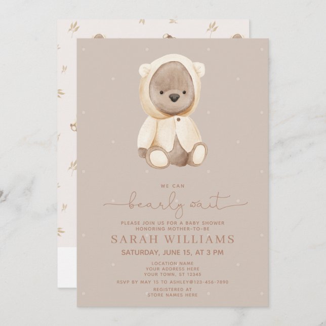 Minimalist QR Code Bearly Wait Neutral Baby Shower Invitation (Front/Back)