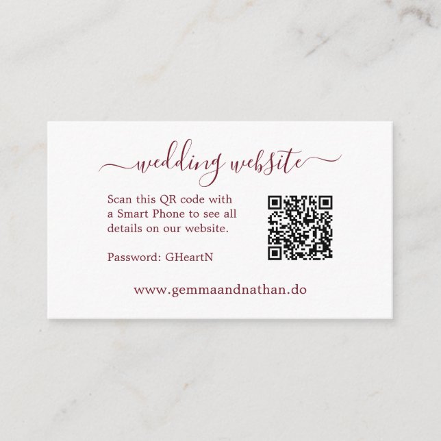 Minimalist QR Code Burgundy Small Wedding Website Enclosure Card (Front)