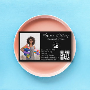 minimalist qr code cleaning services photo black business card