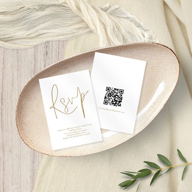 Minimalist QR Code Gold Script Wedding RSVP Card (Front and back view of this elegant small RSVP enclosure card with QR code)