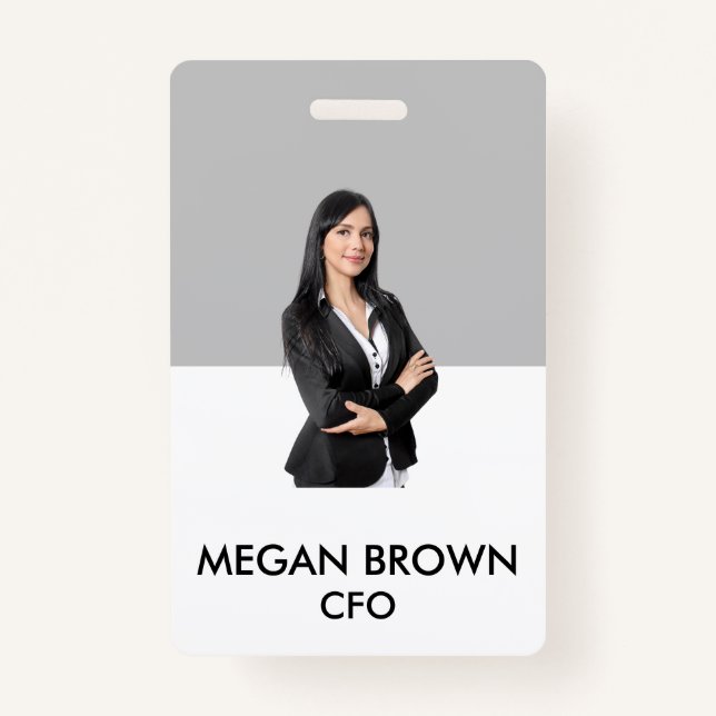 Minimalist  QR Code ID Card Grey Photo Name Logo  ID Badge (Front)
