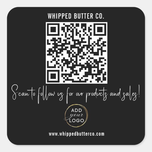 Minimalist QR Code + LOGO Black Follow Us! Square Sticker (Front)