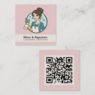 Minimalist QR Code Pink Maid Cleaning Services Square Business Card