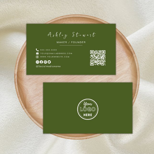 Minimalist Qr Code Professional Logo Moss Green Business Card (Creator Uploaded)