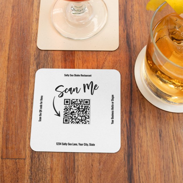 Minimalist QR Code Scan Me Business Design Square Paper Coaster (Minimalist black and white QR code paper coaster on wood table.)