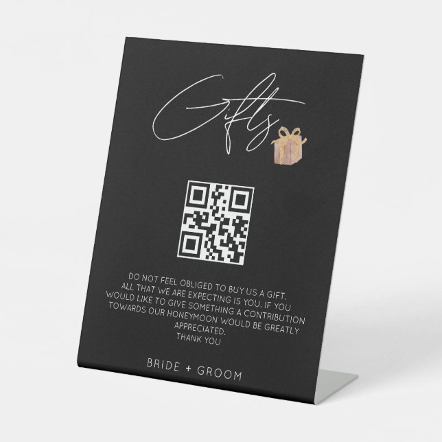 Minimalist QR gift registry honeymoon fund wedding Pedestal Sign (Front)