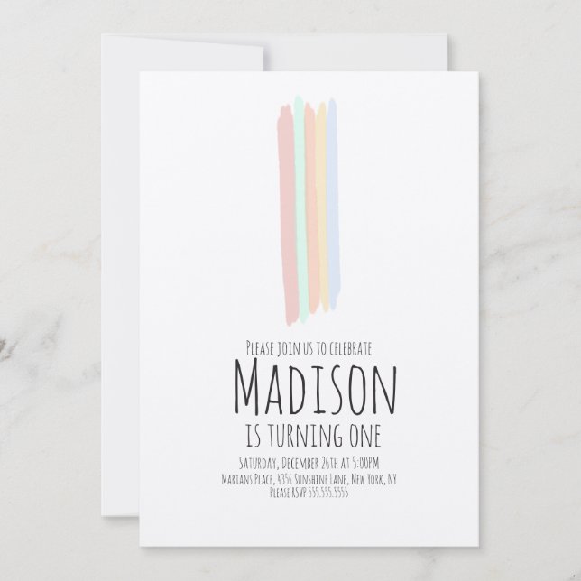 Minimalist Rainbow Stroke First Birthday Rustic Invitation (Front)