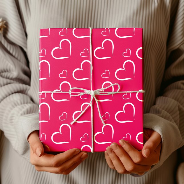Minimalist Raspberry | Chic White Open Hearts Wrapping Paper (Creator Uploaded)