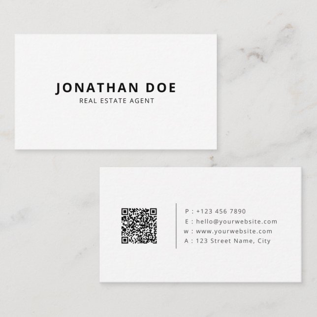 Minimalist Real Estate QR Code Modern White  Business Card (Front/Back)