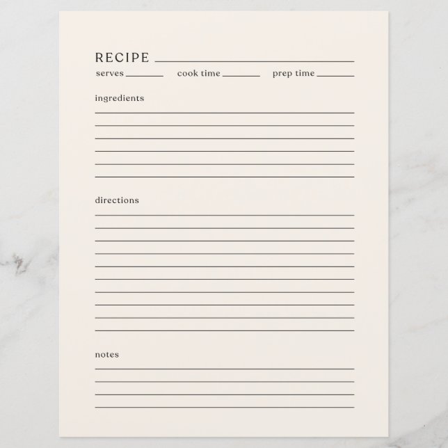 Minimalist Recipe Page Letter Size Modern Cream (Front)