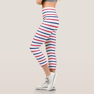 Minimalist Red and Blue Stripes Modern Pattern Capri Leggings