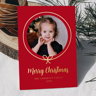 Minimalist Red and Gold Bow Photo Foil Holiday Card