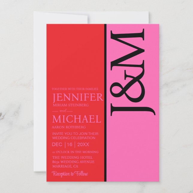 Minimalist Red and Pink QR Code on Back Wedding Invitation (Front)