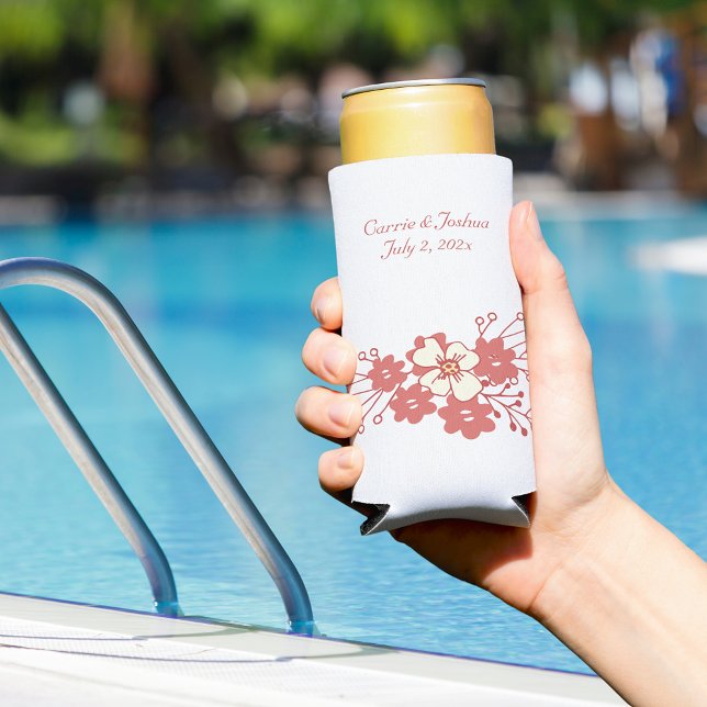 Minimalist Red and White Flowers Wedding  Seltzer Can Cooler (Also available in standard can or bottle versions. Great wedding party gift idea!)