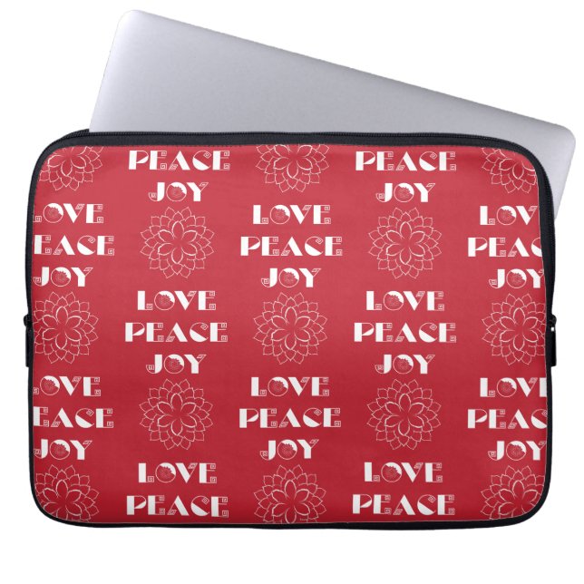 Minimalist Red and White Love, Peace, Joy Laptop Sleeve (Front)