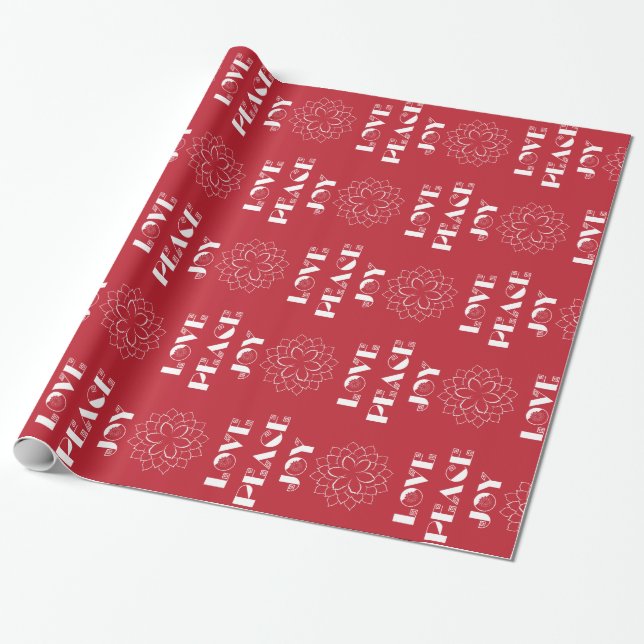 Minimalist Red and White Love, Peace, Joy Wrapping Paper (Unrolled)