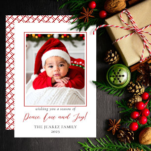 Minimalist Red and White Photo Peace Love and Joy Holiday Card