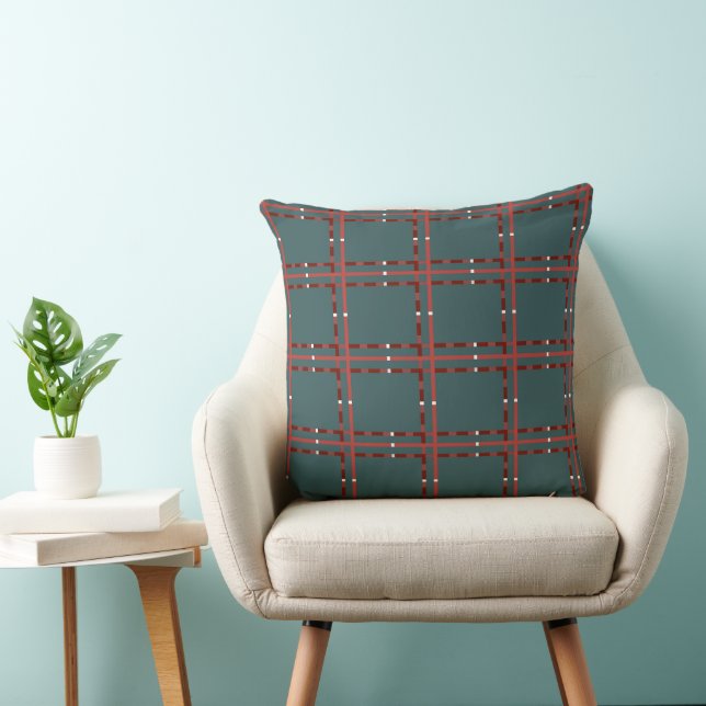 Minimalist Red And White Plaid On Dark Green Cushion (Chair)