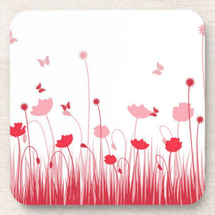 Minimalist Red and White Poppies Meadow Floral Coaster