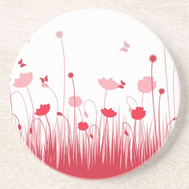 Minimalist Red and White Poppies Meadow Floral Coaster (Front)