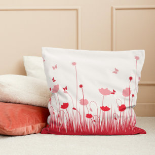 Minimalist Red and White Poppies Meadow Floral Cushion