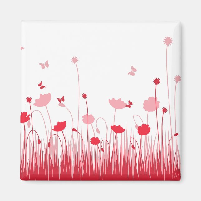 Minimalist Red and White Poppies Meadow Floral Magnet (Front)