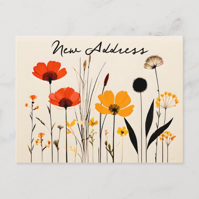Minimalist Red and Yellow Wildflowers New Address Postcard (Front)