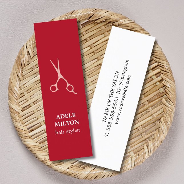 Minimalist Red Beige Scissors Hair Stylist Mini Business Card (Creator Uploaded)