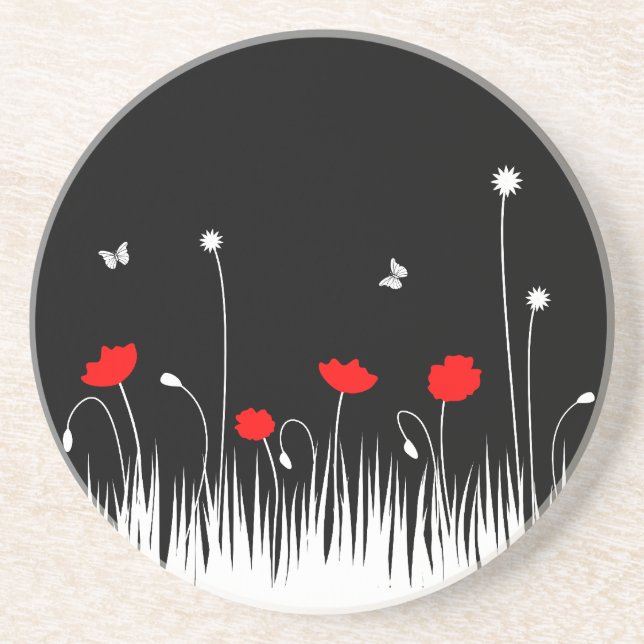 Minimalist Red Black and White Poppies Meadow Bold Coaster (Front)