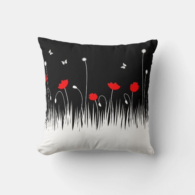 Minimalist Red Black and White Poppies Meadow Bold Cushion (Front)