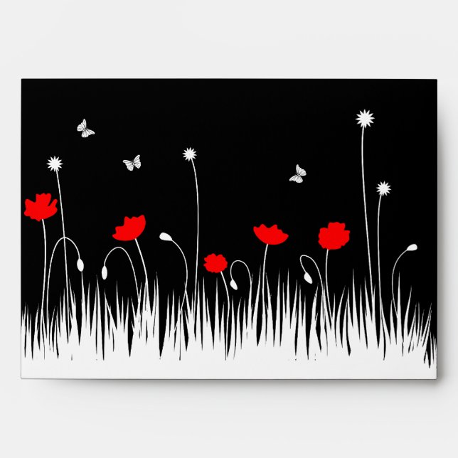 Minimalist Red Black and White Poppies Meadow Bold Envelopes (Front)