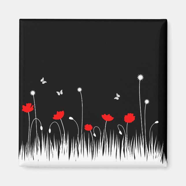 Minimalist Red Black and White Poppies Meadow Bold Magnet (Front)