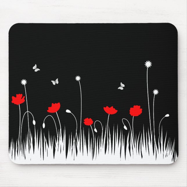 Minimalist Red Black and White Poppies Meadow Bold Mouse Pad (Front)