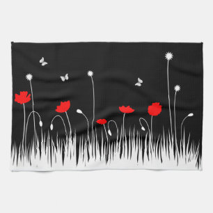 Minimalist Red Black and White Poppies Meadow Bold Tea Towel
